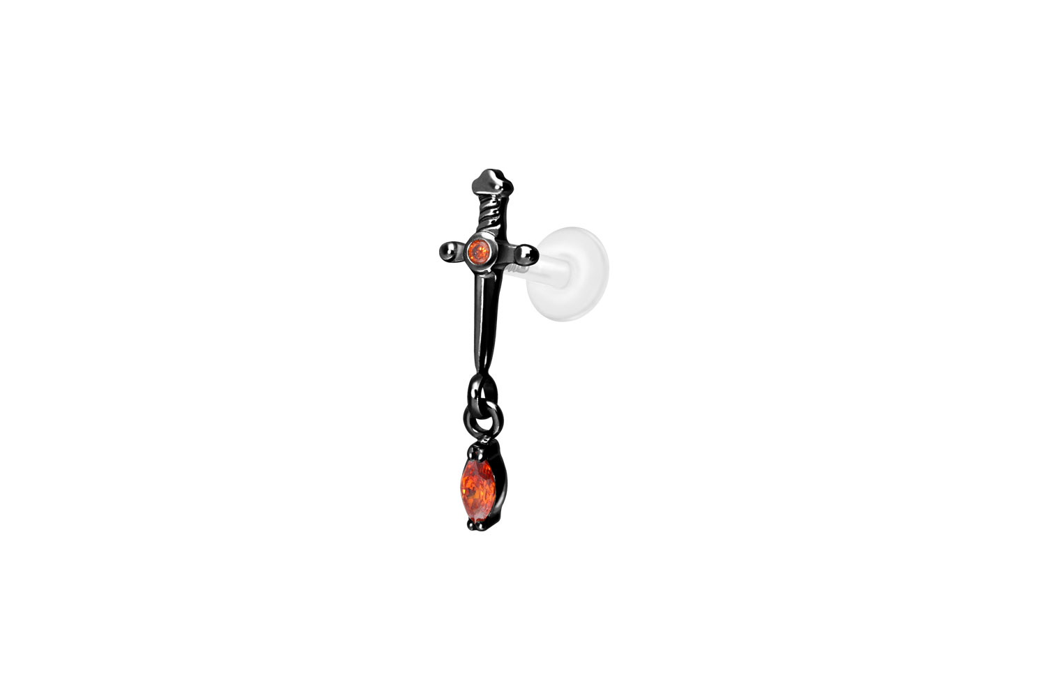 PTFE Labret Piercing mit Innengewinde + Titan-Aufsatz DOLCH + KRISTALLTROPFEN